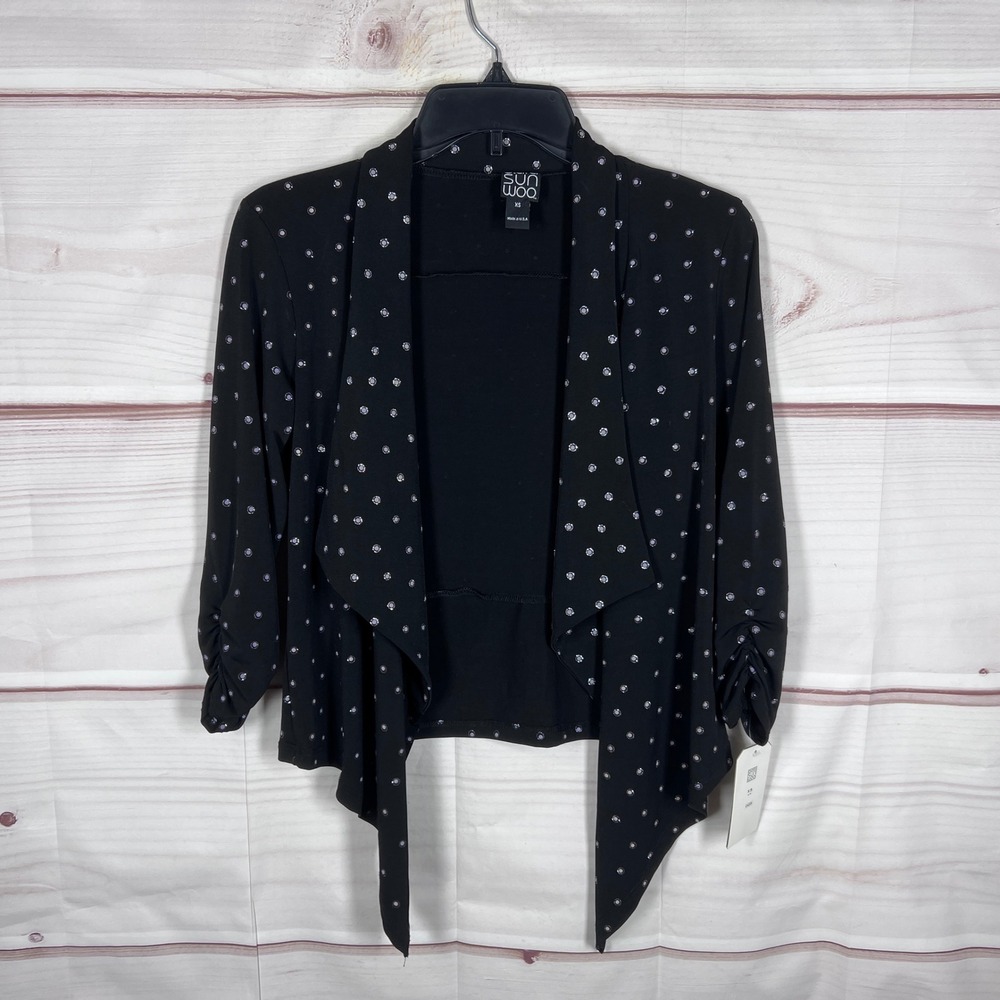 Clara Sunwoo Cardigan Women XS Black Polka Dot Open Front Draped Ruched Sleeve